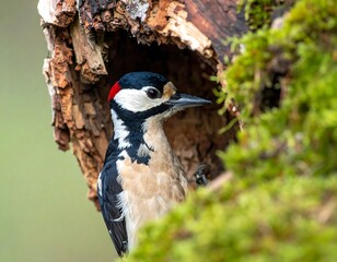A close-up view of a woodpecker, mostly in profile, peeking out of a hole in a weathered tree trunk surrounded by moss