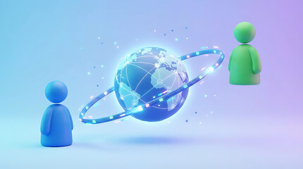 A 3D rendering of two stylized figures, blue and green, connected by a glowing global network around a central Earth icon, representing global communication and connection.