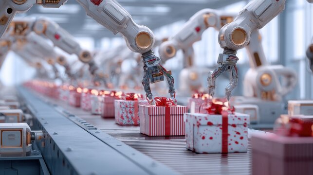 Industrial Automation with Robots Packaging Gifts on a Conveyor Belt in a Modern Warehouse Environment