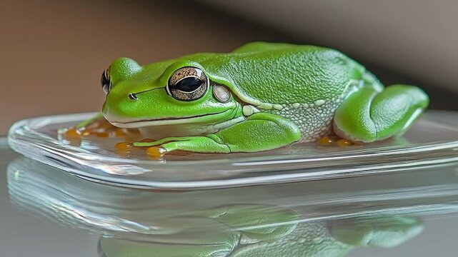 A vibrant green tree frog sits on a clear glass surface, reflecting below.
