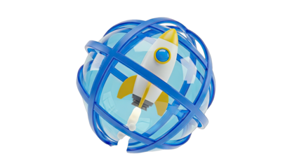 Futuristic White Rocket Launching Through Blue Globe Network Sphere Ascending with Yellow Fins and Orange Flames Isolated on Transparent Background