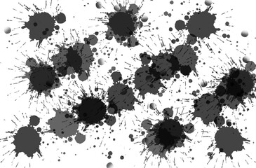 Illustration showing multiple black ink splatters and dots scattered on a white background surface art