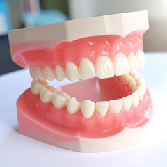 Fototapeta premium A close-up view of a dental model displaying a complete set of white teeth and pink gums. The model rests on a white surface, with a blurred background