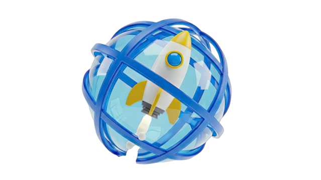 Futuristic White Rocket Launching Through Blue Globe Network Sphere Ascending with Yellow Fins and Orange Flames Isolated on Transparent Background - Powered by Adobe