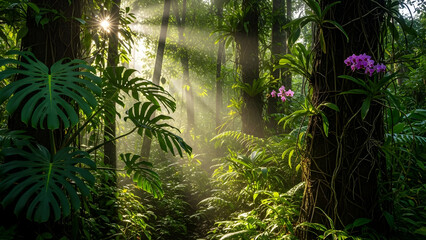 Experience the serene beauty of a sun-drenched tropical rainforest with vibrant orchids and lush greenery, perfect for nature and wellness projects
