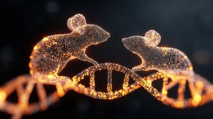 mutation. Two glowing mouse silhouettes connected by a DNA helix to their offspring, illustrating reproductive science. STEM education sheets.