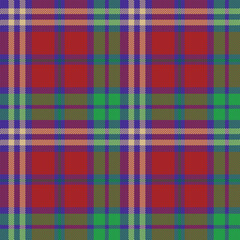 A complex tartan or plaid pattern in deep, muted tones, featuring blocks of burgundy red and forest green, crossed by woven lines of navy blue/violet and beige/tan.