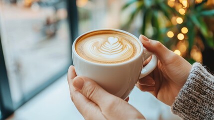 A person holding a cup of coffee with latte art.