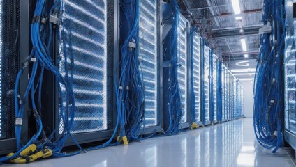 Data center hallway with rows of servers and blue cables.