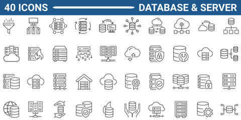 Database, server line icon set. Includes  server, data base, cloud, hosting, and data. Editable stroke. Vector illustration