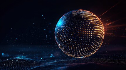 A glowing, spherical object with a pattern of dots and lines, emitting a blue and orange glow against a dark background.