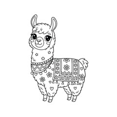 Naklejka premium Cute cartoon llama with decorative blanket and floral patterns for coloring
