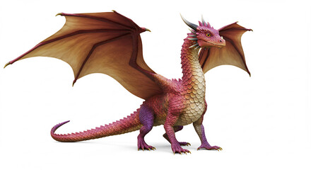 Bold pink and purple dragon stands alert showcasing its magnificent wings and detailed scales in a vibrant fantasy render. AI Generated