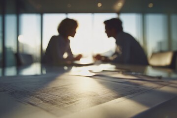 Dynamic architects collaborating on blueprints during sunset in elegant modern office space