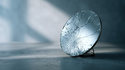 A shattered mirror resting on a reflective surface, a symbol of broken reflections and fragmented perspectives.