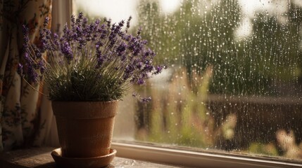 Lavender by a window on a rainy day