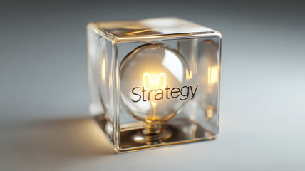A light bulb with the word strategy encased within a transparent cube