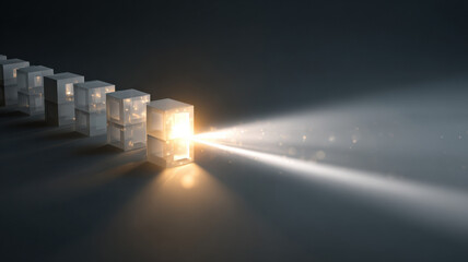 Illuminated cubes stand out against a dark background, representing innovation and vision. The light emanating from the central cube symbolizes insight and progress