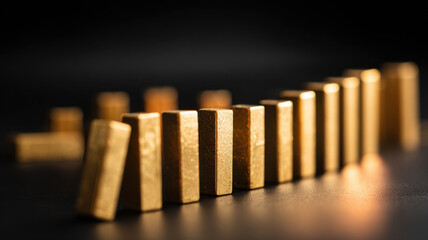 Dominos effect domino blocks on a dark background. The image evokes a sense of anticipation and the potential for a chain reaction