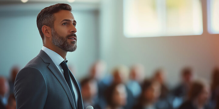 A man in a suit stands in front of a crowd of people. He is wearing a tie and he is giving a speech. The audience is attentive and listening to him