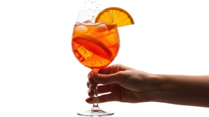 Hand holding a refreshing orange cocktail with ice and orange slice isolated on transparent background