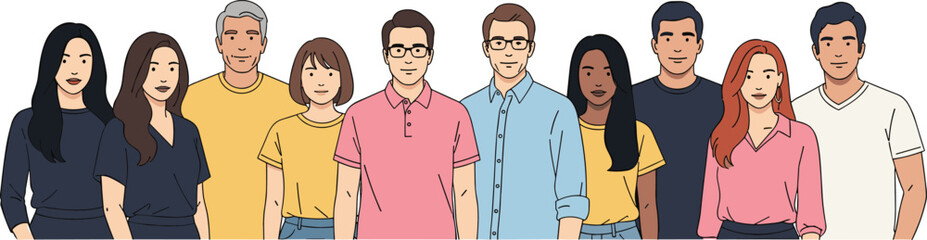 Diverse group of smiling business people standing in line, mixed age, various ethnicity, teamwork, portrait, vector illustration for corporate unity.