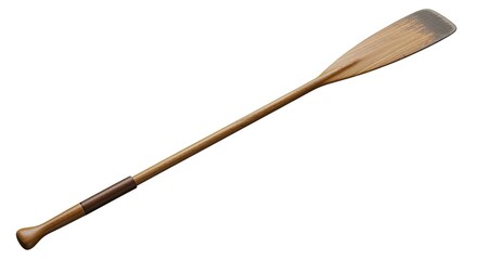 Fototapeta premium A wooden paddle with a brown handle and a wooden shaft, lying horizontally on a white background.