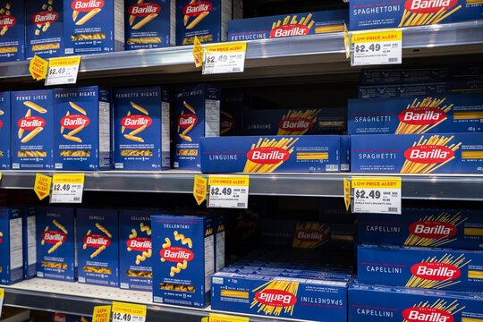 Close up view of Barilla pasta boxes on supermarket shelf. Milton, Canada - November 29, 2025.