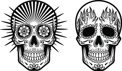 Mexican Sugar Skull Vector Illustration Set Featuring Floral Sunburst and Flame Tattoo Designs in Black and White