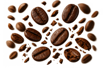 Roasted coffee beans and fragments falling, preparing aromatic morning beverage, isolated on transparent alpha background