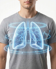 Man with glowing lungs and energy waves around suitable for medical and health related concepts, respiratory health campaigns, and futuristic technology graphics.
