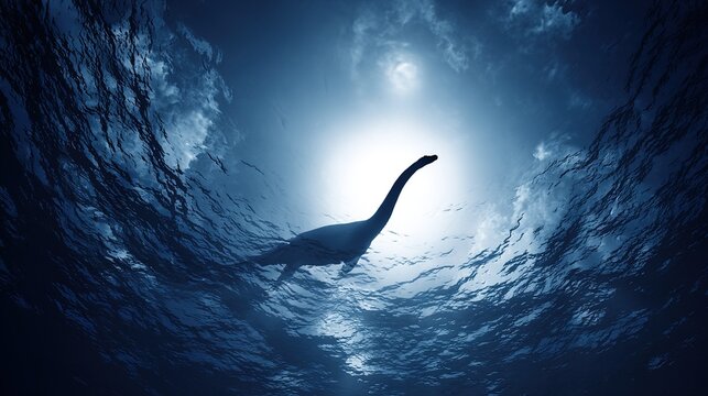 plesiosaur. A plesiosaur silhouette emerging from deep ocean shadows under moonlight. wildlife magazines, conservation campaigns, designed for wildlife conservation campaigns.