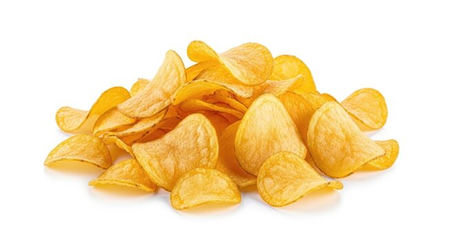 A pile of potato chips on a white background. - Powered by Adobe