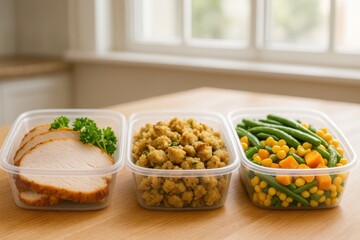 Culinary Trio: A delightful arrangement of meal-prepped containers, showcasing a succulent slice of roast turkey, savory stuffing, and a colorful mix of vegetables.