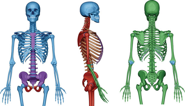 Anterior, Lateral, and Posterior Anatomy Set Illustrating Axial and Appendicular Bone Structures for Education