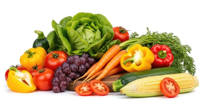A colorful assortment of fresh vegetables and fruits on a white background.