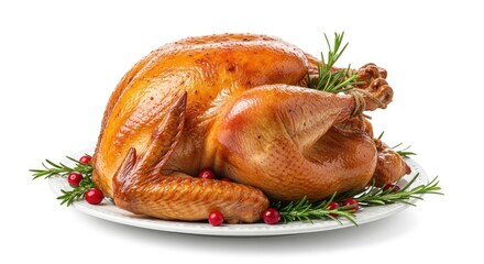A roasted turkey garnished with cranberries and rosemary on a white plate.
