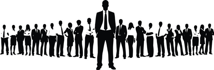 Business leader silhouette standing in front of a diverse corporate team, professional men and women representing collaboration, success, and management concept, isolated vector graphics.