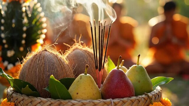 Close-up of a woven basket with fruits and incense sticks in a serene outdoor setting with blurred figures in orange robes.