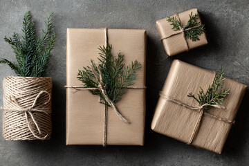 Elegant wrapped gifts tied with twine and evergreen sprigs offer a rustic holiday spirit perfect for seasonal promotions and heartfelt greetings
