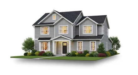 A two-story gray house with a black roof and white siding, featuring a front porch with a black door and white trim, surrounded by green grass and trees, with a white background.