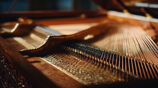 harpsichord. Opened harpsichord interior showing intricate wood grain and strings. event programs, museum guides, designed for cultural heritage projects and event programs, preserves heritage.