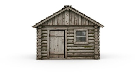 A rustic wooden cabin with a weathered appearance, featuring a single window and a door, set against a white background.