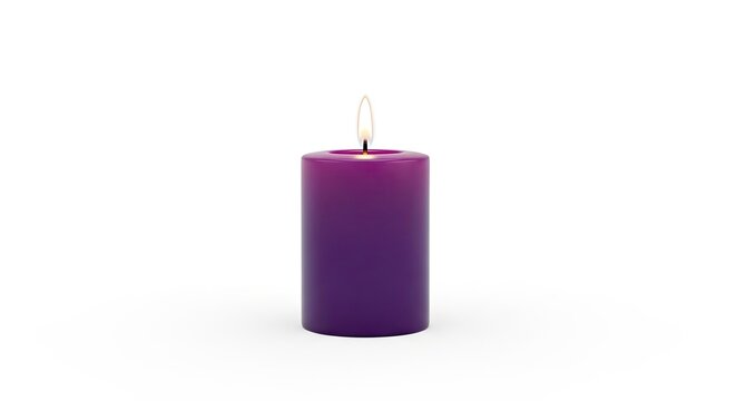 A single purple candle with a flame on a white background.