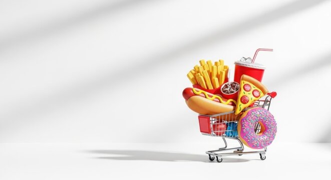 A shopping cart filled with fast food items, including hot dogs, french fries, pizza, and a soda, against a white background. - Powered by Adobe