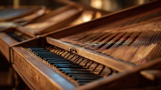 harpsichord. Opened harpsichord interior showing intricate wood grain and strings. event programs, museum guides, designed for cultural heritage projects and event programs, preserves heritage.