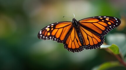 Naklejka premium metamorphosis. Monarch butterfly mid-flight with vibrant orange and black wings against green foliage. wildlife magazines, conservation campaigns, designed for nature documentaries and education.