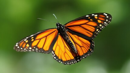 Fototapeta premium metamorphosis. Monarch butterfly mid-flight with vibrant orange and black wings against green foliage. wildlife magazines, conservation campaigns, designed for nature documentaries and education.