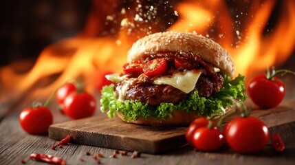 Juicy hamburger with melted cheese, fresh vegetables, and spicy sauce on a rustic wooden surface with tomatoes