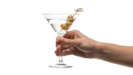 Hand holding a classic martini cocktail with olives isolated on transparent background